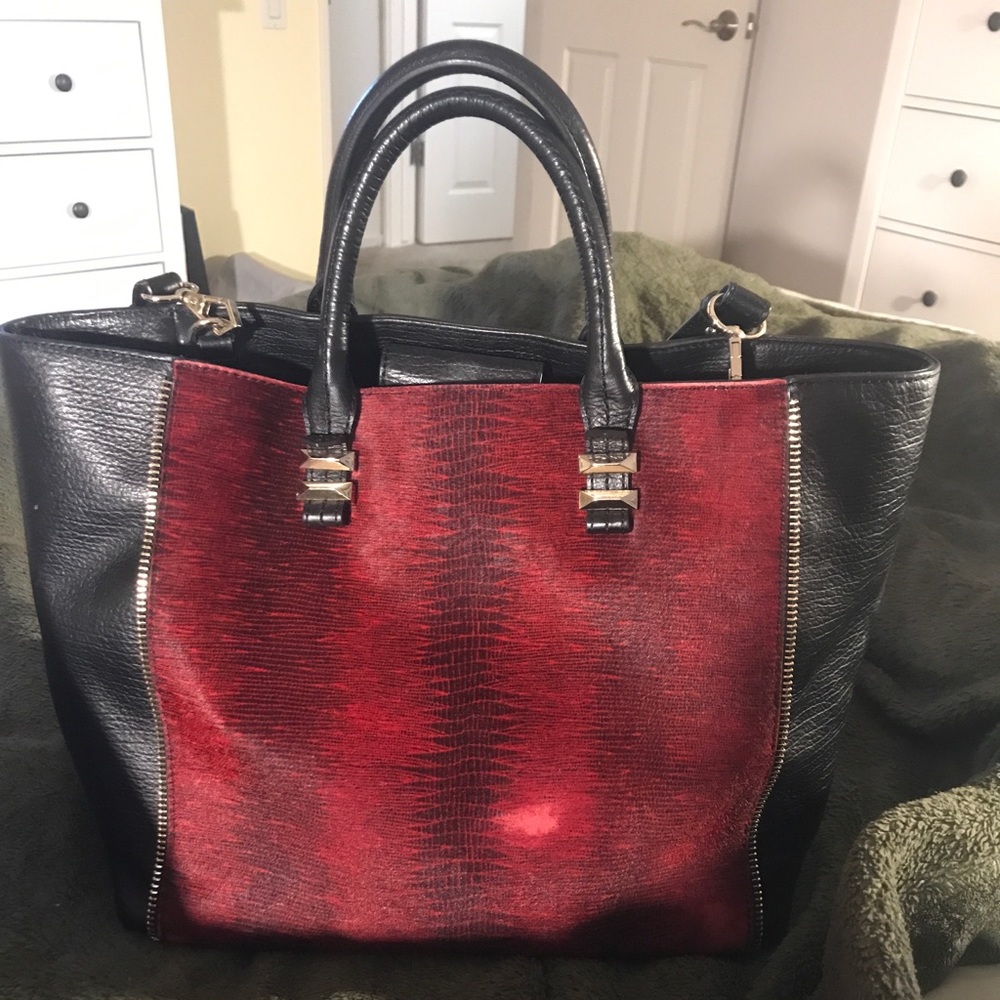 Black Leather Red Calf Hair Handbag